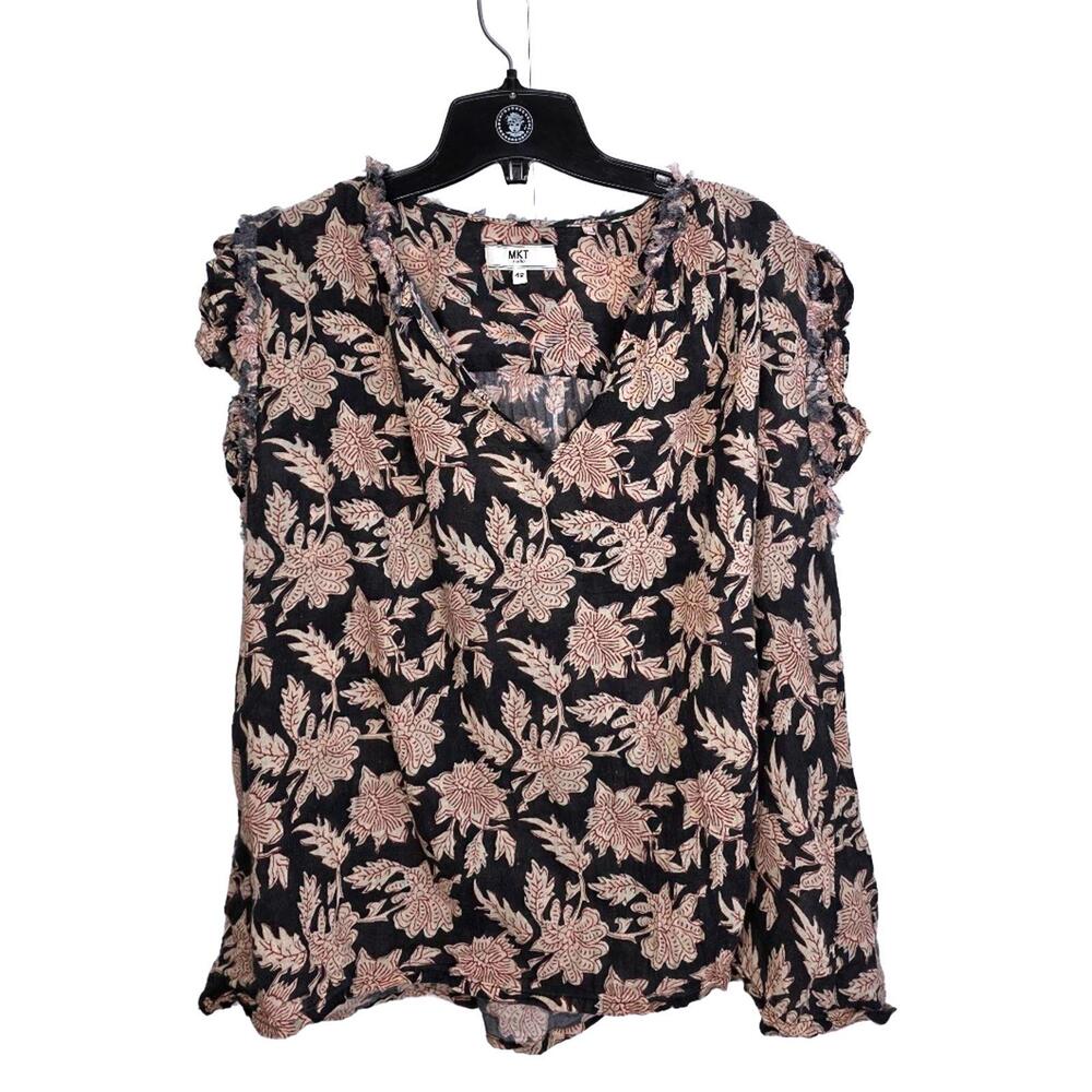 MKT Studio Summery Light Cotton Blue Cream & Rust V Neck Top Size 12